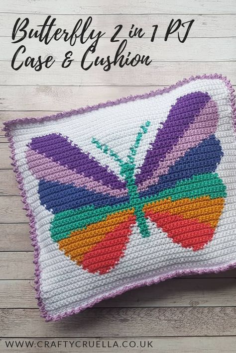 Butterfly 2 in 1 Pajama Case & Cushion ~ a pattern by Crafty Cruella  #crochet #crochetpattern #butterflycushion #crochetpjcase #intarsiacrochet Cushion Crochet, Butterfly Cushion, Crochet Cushion Pattern, Crochet Cushion, Butterfly Pillow, Crochet Pillow Cover, Crochet Cushion Cover, Crochet Pillow Pattern, Crochet Pillows