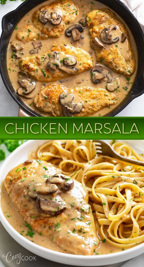 chicken breasts in a creamy marsala sauce topped with mushrooms and served with a side of fettucine. Chicken Marsala Pasta Recipe, Chicken Marsala Pasta, Dinner Date Recipes, Chicken Marsala Recipe, Chicken Marsala Easy, Chicken Smothered, Black Color Hairstyles, Marsala Sauce, Marsala Recipe