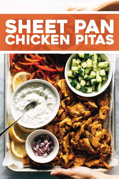 Sheet Pan Chicken Pitas that are salty-briney-crunchy in all the right ways! Marinated chicken, roasted peppers, fresh cucumber, kalamata olives, feta cheese, and an easy homemade tzatziki. #sheetpan #easydinner #chicken #mediterranean Sheet Pan Chicken Pitas, Chicken Mediterranean, Chicken Pitas, Chicken Pita, Chicken Roasted, Sheet Pan Dinners Chicken, Fresh Cucumber, Homemade Tzatziki, Sheet Pan Chicken