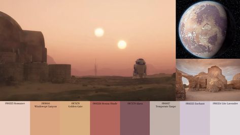 Happy Thursday and May the Fourth Be With You for Star Wars Day! Today we decided to do something fun with our Sherwin Williams Paint Collection. You can channel all the shades of Tatooine with these pretty paints from Sherwin Williams! Tatooine Inspired Bedroom, Star Wars Colour Palette, Tatooine Aesthetic Bedroom, Tatooine Bedroom, Star Wars Color Palette, Naboo Wedding, Star Wars Wall Painting, Tatooine Aesthetic, Paloma Bar