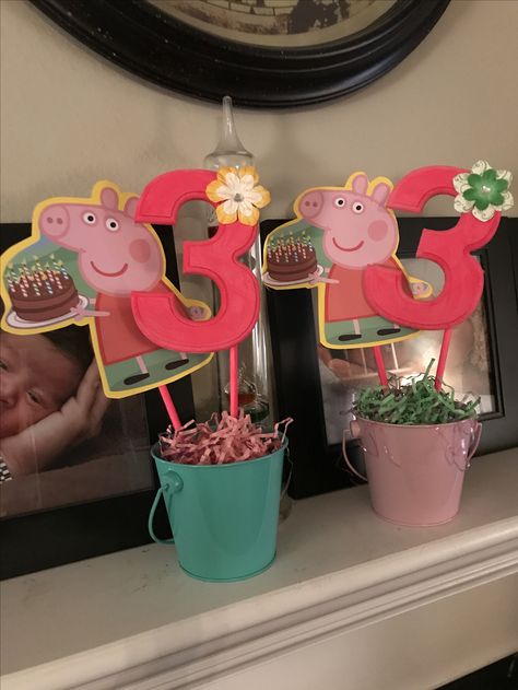 Peppa Pig decor for 3rd Birthday Party! 3rd Peppa Pig Birthday Party, Peppa Pig Centerpiece Ideas Diy, Peppa Pig Birthday Party Centerpieces, Peppa Pig Fourth Birthday, Diy Peppa Pig Birthday Party, Peppa Pig Diy Decorations, Peppa Pig Third Birthday Party, Peppa Pig Cake Ideas 3rd Birthday, Diy Peppa Pig Decorations