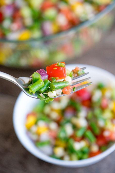 Martha Stewart's Chopped Vegetable Salad?utm_source=12tomatoes Rice Wine Vinegar Dressing, Chopped Vegetable Salad, Vinegar Dressing, Vegetarian Salads, 12 Tomatoes, Big Salad, Kinds Of Salad, Plum Tomatoes, Fresh Corn