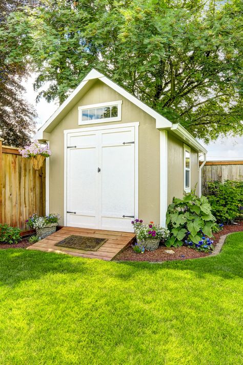 Shed Landscaping, Vinyl Fence Panels, Custom Sheds, Shed Kits, Backyard Sheds, Backyard Shed, Area Lighting, Cost To Build, Vinyl Fence