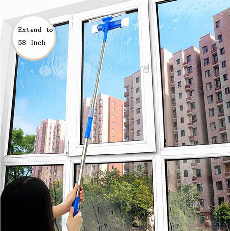 Telescoping Window Washing Tool High Window Cleaner With Microfiber Cloth and Rubber-Max 58 Inch Window Washing, Clean Baking Pans, Window Cleaning Tools, High Windows, Window Squeegee, Washing Windows, Deep Cleaning Tips, Window Cleaning, Kitchen Cleaning Supplies