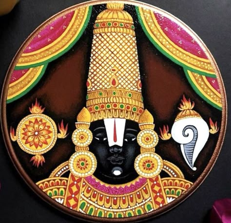 Round Mdf Board Painting Ideas, Vishnu Rangoli, Balaji Painting, Gods Drawing, Meenakari Painting, God Drawings, Tracing Design, Lippon Art, Bala Ji