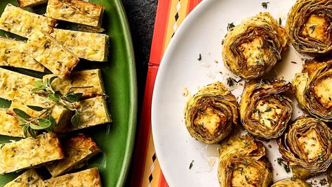 Andrea Buckett's Cheesy Artichoke Squares and Za’attar Feta and Phyllo Bites with Ajvar Artichoke Squares, Phyllo Bites, Feta Bites, Phyllo Recipes, Mary Berg, Italian Breadcrumbs, Gluten Free Appetizers, Square Cake Pans, Recipes Appetizers