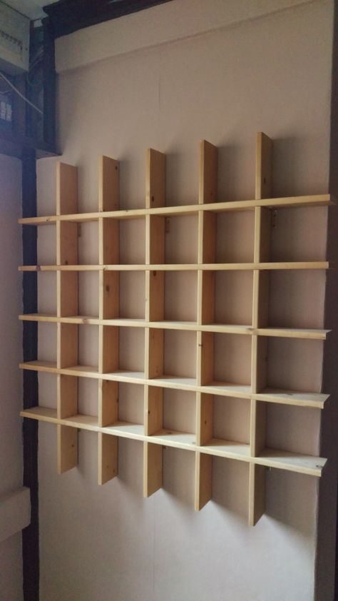 Grid style wall mounted shelving, timber for this was re-purposed from an old wooden sofa bed! Wooden Grid Shelf, Wooden Grid Wall, Grid Shelves, Wall Mounted Shelving, Shelves Above Toilet, Timber Shelves, Walnut Timber, Wooden Wall Shelves, Mounted Shelves