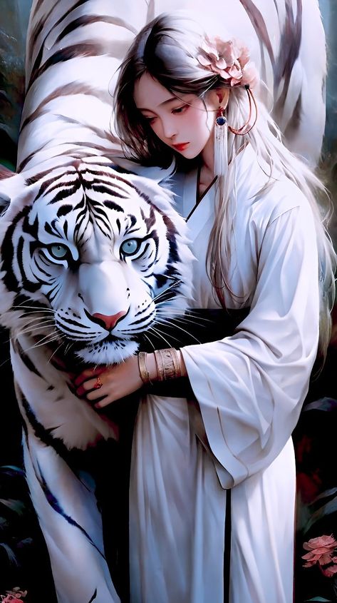 Childe Genshin, Tiger Artwork, Fantasy Princess, Digital Portrait Art, Tiger Art, Girly Art Illustrations, White Tiger, Arte Animal, Japan Art