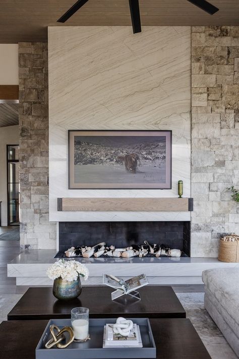 Limestone and Quartzite Fireplace Limestone and Quartzite Fireplace Ideas Limestone and Quartzite Fireplace Limestone and Quartzite Fireplace Limestone and Quartzite Fireplace Limestone and Quartzite Fireplace #Limestone #Quartzite #Fireplace #FireplaceIdeas Quartzite Fireplace, Great Room Paint Colors, Fireplace With Cabinets, Fireplace Limestone, Mountain Home Design, Transitional Modern Home, Modern Stone Fireplace, Foyer Paint Colors, Montana House