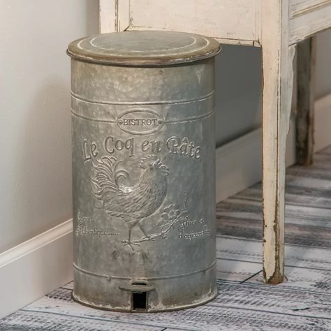 CWI Gifts Rooster Steel 6.5 gal. Step on Trash Can | Wayfair Wood Trash Can, Metal Trash Cans, Metal Rooster, Bathroom Trash Can, Embossed Metal, Primitive Kitchen, Trash Bin, Trash And Recycling Bin, Primitive Decorating Country