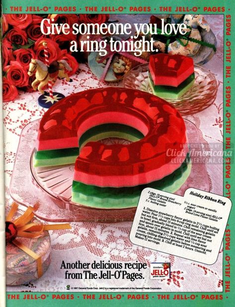 A Christmas-themed molded Jello ring in red and green colors Jello Mold Recipes Vintage, Tupperware Jello Mold Recipe, Ribbon Jello, Jello Recipes Christmas, Layered Jello Recipe, Jello Mold Recipes, Jello Salads, Green Jello, Layered Jello