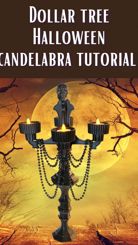 Dollar Tree Halloween Candelabra Tutorial Candelabra Halloween Decor, Diy Candelabra Dollar Stores, Decorate Chandelier For Halloween, Halloween Candelabra Diy, Diy Candelabra Dollar Tree, Diy Chandelier Halloween, Diy Candleabra Halloween, Diy Halloween Candleabra Ideas, Diy Candleabra Ideas Dollar Tree