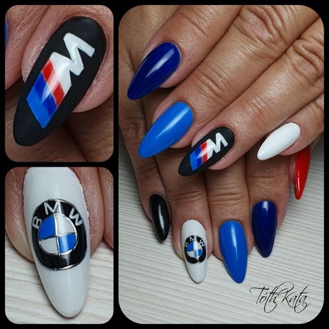 Mechanic Nails, Yamaha Nails, Bmw Nails Art, Bmw Nails Design, Chevy Nails, Bmw Nails, Car Nails, Nike Nails, Blue Prom Nails