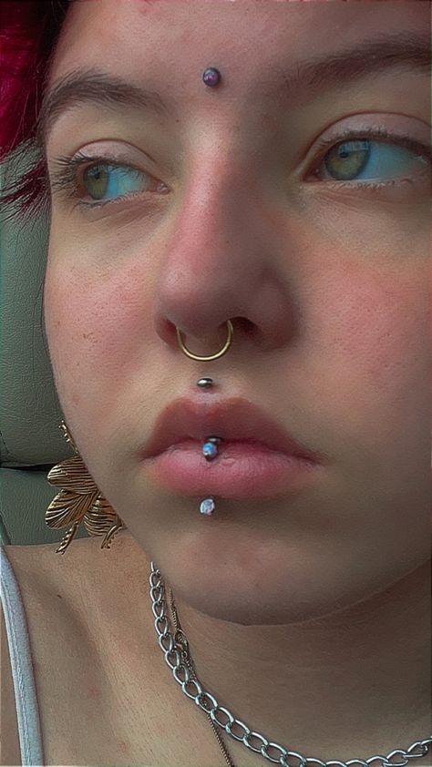 Medusa Piercing With Vertical Labret, Jestrum And Vertical Labret, Facial Piercing Set Up, Gold Vertical Labret, Vertical Philtrum Piercing, Vertical Labret Piercing Jewelry, Central Labret Piercing, Vertical Labret Piercing Aesthetic, Labret Hoop