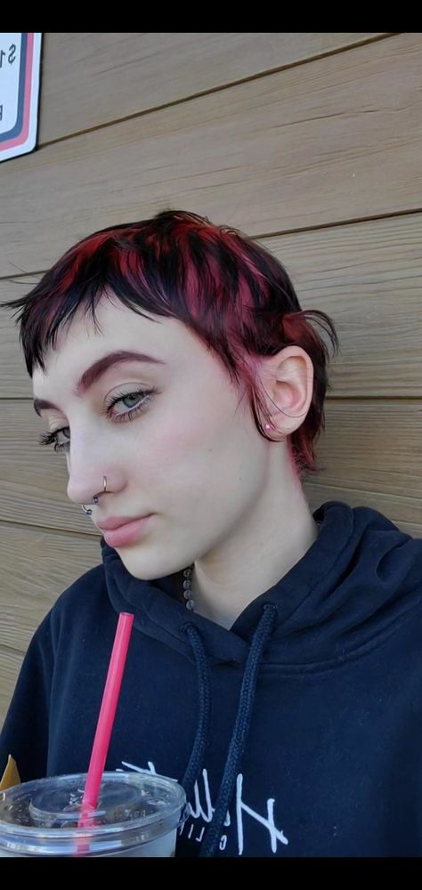 Short Streaked Hair, Pink Highlights In Brown Hair Short Pixie, Pink Hair Streaks Short, Pink Highlights In Black Hair Short, Draculaura Hair Short, Black And Pink Short Hair, Black And Pink Hair Short, Short Hair Dye Ideas Pixie Cuts, Pink Roots Black Hair