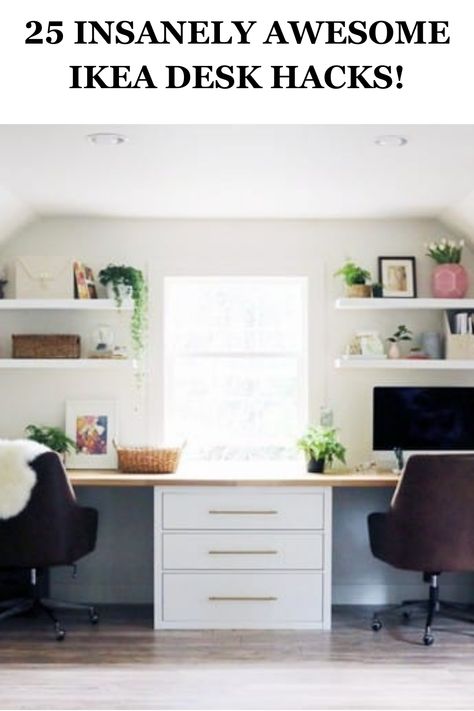 Easy IKEA Desk Hacks For Home Offices, Work Spaces And Craft Room Organization Small White Office Ideas, Ikea Dresser Desk Combo, Ikea Hack Desk Workspaces, Ikea Small Office Ideas, Ikea Bureau Hack, Ikea Craft Desk, Study Table Ikea, Bureau Ikea Hack, Kallax Desk Ideas