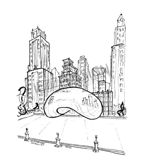 Chicago Bean Drawing, Chicago Bean Tattoo, Chicago Skyline Drawing, Chicago Sketch, Chicago Drawing, Park Sketch, College Prints, Sketch Cloud, Millennium Park Chicago