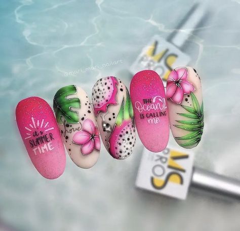 Tropical Nail Art Designs, Fruit Summer Nails, Tropical Nails Design, Coconut Nails, August Nails 2023, Summer Nails Fruit, Fruits Nails, Nail Art Tropical, Nails Fruit