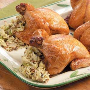 Tender Stuffed Cornish Hens Recipe Cornish Hen Recipes Oven, Stuffed Cornish Hens, Game Hen Recipes, Wild Rice Stuffing, Cornish Game Hen Recipes, Roasted Cornish Hen, Cornish Hen Recipe, Cornish Hen, Rice Stuffing