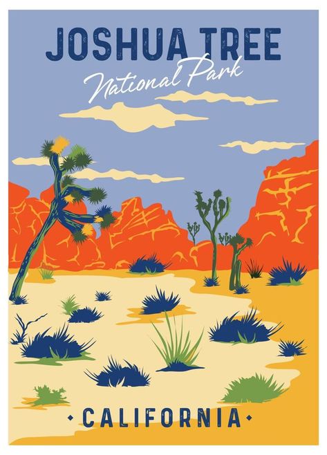 Joshua Tree vector illustration in Vintage Vacation poster design style, perfect for tshirt design and wall decor Vacation Poster Design, Joshua Tree Poster, Tree Vector Illustration, Vintage Vacation, Tree Vector, California National Parks, Joshua Tree National Park, Tshirt Design, Joshua Tree