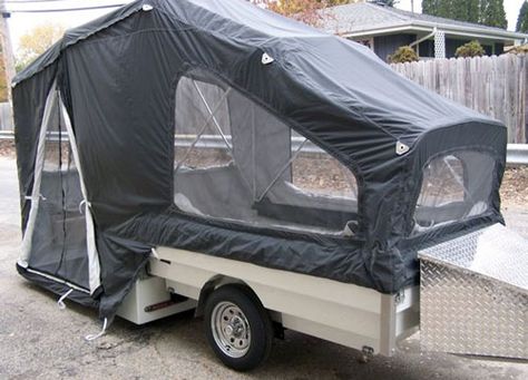 Roll-a-Home campers in fully set-up configuration (Review of Motorcycle Campers) Motorcycle Tent Trailer, Motorcycle Camper Trailer, Motorcycle Cargo Trailer, Motorcycle Tent, Motorcycle Campers, Pop Up Camper Trailer, Trailer Tent, Trailer Storage, Bike Motor