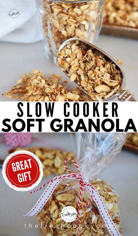 Soft And Chewy Granola, Soft Chewy Granola Recipe, Diy Granola Cereal, Crockpot Granola Recipes, Soft Granola Recipe, Homemade Soft Granola, Chewy Granola Recipe, Soft Baked Granola, Homeade Granola