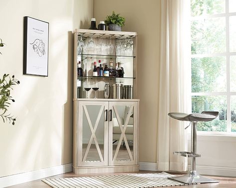 Home Source Stone Grey Corner Bar Unit with Built-in Wine Rack and Lower Cabinet Corner Bar Cabinet, Liquor Shelf, Coin Bar, Home Bar Cabinet, Corner Bar, Bar Unit, Wine Bar Cabinet, White Dining Room, Large Coffee Tables