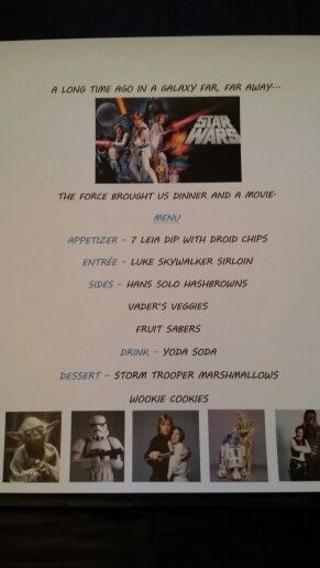 Disney Dinner Night #86 - Star Wars Star Wars Menu Ideas, Star Wars Dinner And A Movie, Star Wars Movie Night Food, Star Wars Date Night Ideas, Star Wars Date Night, Star Wars Movie Night, Disney Movie Themed Dinner, Theme Dinners, Themed Meals