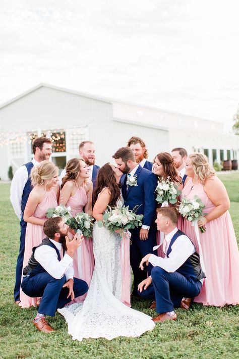 Blush And Navy Wedding Groomsmen, Blush Pink Entourage, Pink And Navy Fall Wedding, Blush Pink And Navy Bridal Party, Navy Blue And Peach Wedding Groomsmen Bridesmaid Dresses, Navy Blue Tux With Blush Pink, Navy Blue Red And Blush Wedding, Navy Groomsmen Pink Bridesmaids, Dusty Pink And Navy Blue Wedding Theme