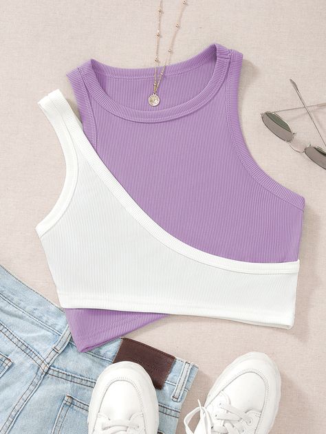 Lila Púrpura Casual Collar  Tela Color combinado Tank Embellished Elástico Ligero Adrette Outfits, Fashion Top Outfits, Cute Dress Outfits, Shein Outfits, Cute Preppy Outfits, Women Tank Tops, Crop Tank Top, Simple Trendy Outfits, Cute Everyday Outfits