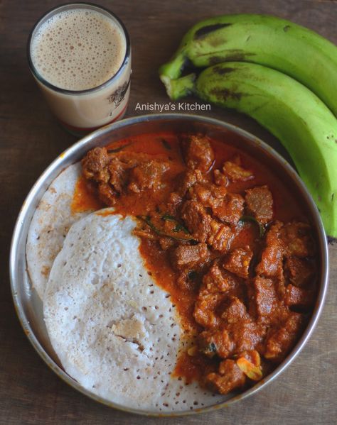 Kerala Syle Appam and Beef Curry - Traditional Kerala Christmas and Easter breakfast. Kerala Food Photography, Appam And Stew, Kerala Chicken Stew Recipe, Kerala Meals, Kerala Breakfast, Kerala Cuisine, Indian Food Photography, Kerala Recipes, Dallas House