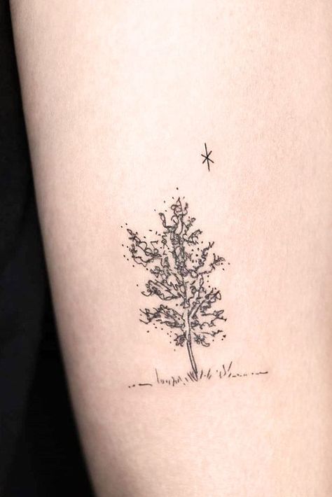 Beautiful Tree Tattoo Designs with a Deeper Meaning to Them ★ Beautiful Tree Tattoos For Women, Tree Initials Tattoo, Womens Tree Tattoos, Elm Tree Tattoo Simple, Elegant Tree Tattoo, Sibling Tattoos For 3 Trees, Line Work Tree Tattoo, Oak Tree Tattoo Small Simple, Pretty Tree Tattoo