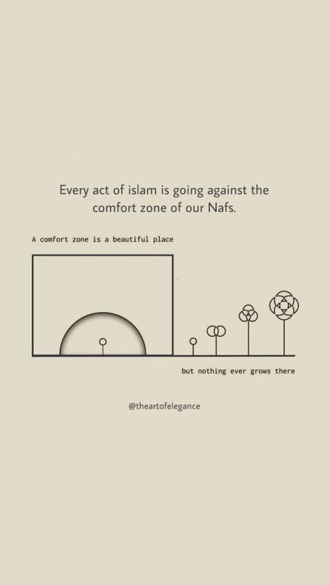 Every act of islam is going against the comfort zone of our Nafs (self/desires). Life is all about learning. So step out of your comfort zone and learn. Had the Companions of the Prophet (peace be upon him) restricted themselves to the comfort zone, Islam would not have reached the golden age! #islam #quran #sunnah #akhlaq #manners #mindset #morals #ethics #etiquette #deen #akhirah #mindsetiseverything #instastory #allah #islamicquotes #thecomfortzone #comfortzone Golden Age Islam, Islam Is Peace, Step Out Of Your Comfort Zone, Nafs Islam Quotes, Nafs Islam, Islamic Affirmations, Islamic Golden Age, Islamic Words, Islam Motivation