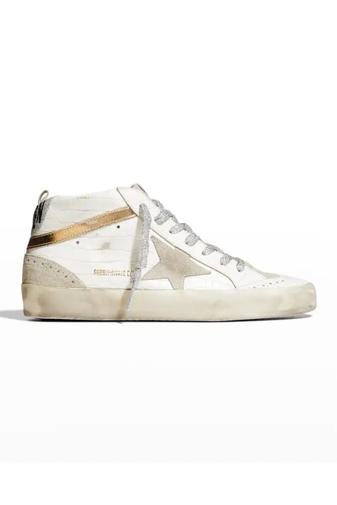 Golden Goose Sneakers High Tops, Golden Goose Mid Star Outfit, Golden Goose Mid Star, Golden Goose Mid, Golden Goose Superstar, Preppy Shoes, Shoes And Sneakers, Goose Shoes, Mid Top Sneakers