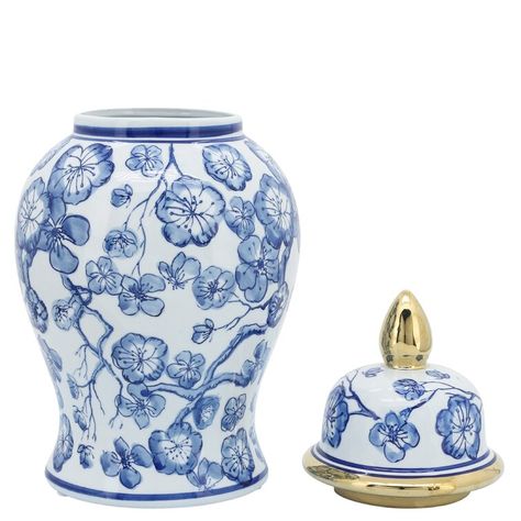 Lark Manor Lorinda Blue/White/Gold 14'' Ceramic Ginger Jar & Reviews | Wayfair Chinoiserie Vases, Chinoiserie Design, White Ginger Jars, Blue And White Chinoiserie, Temple Jar, Contemporary Vintage, Ceramic Urn, Vintage Chinoiserie, Chinoiserie Style