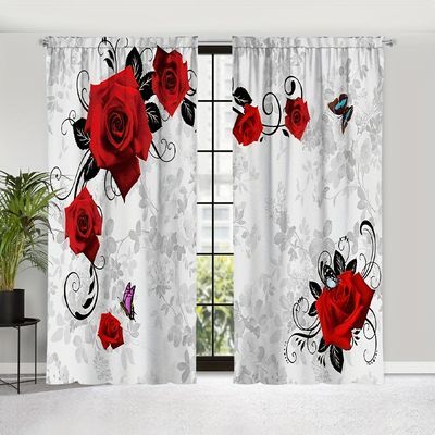 Red And Grey Curtains, Door Window Treatments, Cheap Curtains, Flower Curtain, Flower Abstract, Farmhouse Curtains, Elegant Curtains, Bedroom Red, Grey Curtains