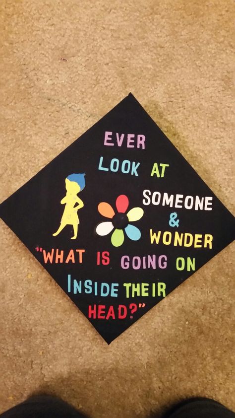 Inside Out Graduation Cap  Pixar inspired Disney Grad Cap Mft Graduation Cap Ideas, Ideas To Decorate Caps For Graduation, Inside Out Graduation Cap Ideas, Masters Of Social Work Graduation Cap, Cap Decoration Graduation Psychology, Masters In Psychology Grad Cap, Inside Out Grad Cap, School Counseling Graduation Cap, Psych Grad Caps