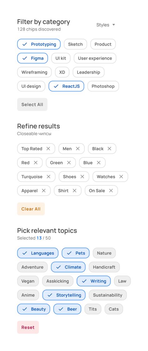 Chips selection for filters UI design in Figma Application Ui Design, Software Ui Design, Ux Design Mobile, Ui Design Principles, Ui Ux 디자인, Mobile App Design Inspiration, Ui Patterns, Ui Design Website, Filter Design