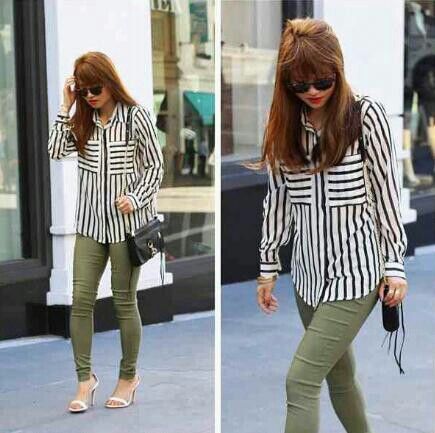 Army Green Pants Striped Shirt. Casual Fall Outfit Olive Green Pants Outfit Summer, Green And White Striped Shirt Outfit, Olive Green Sweater Outfit, Green Trousers Outfit, Green Jeans Outfit, White Striped Shirt Outfit, Olive Green Pants Outfit, Printed Top Outfit, Closet Outfits