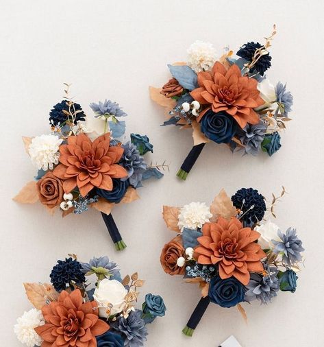 Steel Blue And Copper Wedding, Rust And Navy Wedding Flowers, Fall Wedding Terracotta And Navy, Dusty Blue And Burnt Orange Wedding Color Schemes, Burnt Sienna And Dusty Blue Wedding, Dusty Blue And Terracotta Wedding Centerpieces, Navy And Burnt Orange Wedding Decor, Blue And Orange Wedding Decor, Fall Wedding With Navy Blue