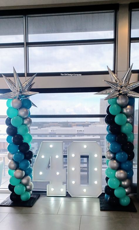 Balloon Columns With Numbers, Starburst Balloon, Balloons Columns, Birthday Balloon Decor, Marquee Numbers, Teal Balloons, 40th Birthday Balloons, Black Party Decorations, Silver Balloons