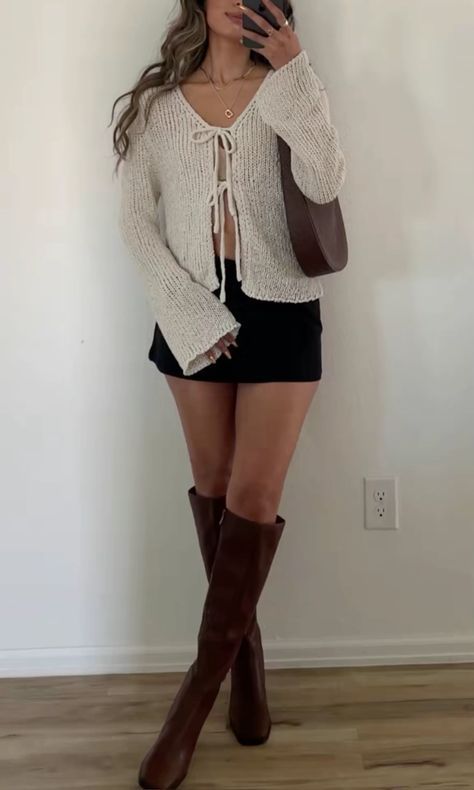 Brunette Fashion Outfits Fall, Polly Princess Outfits, Mini Skirt Bodysuit Outfit, Fall Outfits Off The Shoulder, Hot Fall Outfits Weather Casual, Black Below The Knee Boots Outfit, Fancy Cold Outfits, Black Fall Boots Outfit, Brown Boots Going Out Outfit