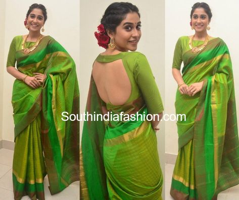 Actress Regina Cassandra draped a parrot green kanjeevaram silk saree from Taia by Tanmayi Reddy at the Sankarabharanam Movie Awards. Parrot Green Blouse Design, Kanjeevaram Blouse Designs, Parrot Green Silk Saree, Parrot Green Saree, Sari Blouse Styles, Kanjeevaram Silk Saree, Blouse Designs Catalogue, Regina Cassandra, Saree Blouse Neck Designs