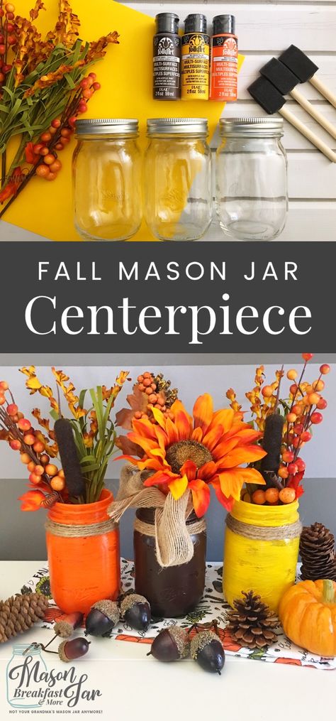 What are your favorite Mason jar craft ideas for fall décor? Let this beautiful fall Mason jar centerpiece inspire you. Simply paint three Mason jars with vibrant fall colors, add twine and fall flowers to create this stunning DIY fall décor. Craft Ideas For Fall, Easy Mason Jar Crafts Diy, Fall Mason Jar Centerpieces, Mason Jar Breakfast, Mason Jar Craft Ideas, Fall Mason Jar Crafts, Fall Jars, Jar Craft Ideas, Easy Mason Jar Crafts