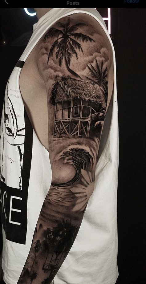 Outer Forearm Tattoo Men Ideas, Forearm Tattoo Men Ideas, Beach Tattoo For Men, Outer Forearm Tattoo Men, Tattoo Men Ideas, Back Of Forearm Tattoo, Outer Forearm Tattoo, Paradise Tattoo, Cool Forearm Tattoos