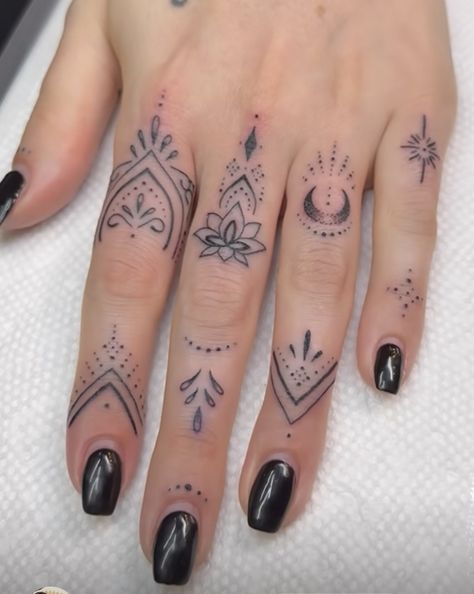 Spiritual Finger Tattoos Meaningful, Hand Tattoos Symbols, Celtic Finger Tattoos For Women, Moon Hand Tattoos For Women, Ornamental Finger Tattoo, Side Of Finger Tattoo, Pretty Finger Tattoos, Witchy Hand Tattoos, Woman Hand Tattoo