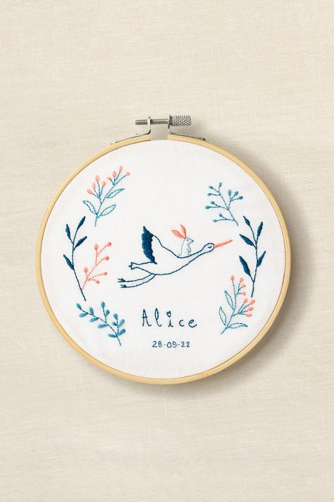 Baby Stork, French Knot Stitch, Vintage Chest, French Knot, The Arrival, Baby Keepsake, Back Stitch, Gifts For New Parents, Embroidery Kit