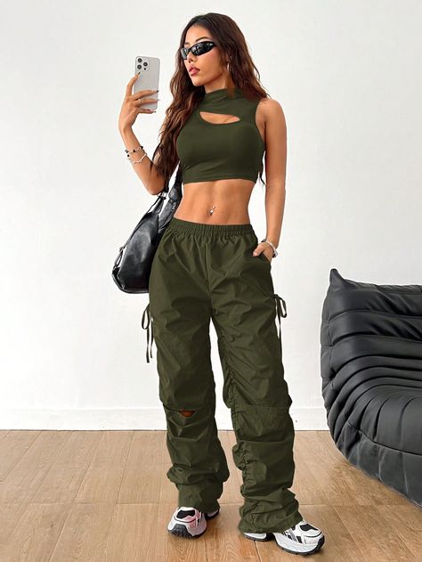 Women's Street Style Casual Asymmetrical Crop Top With Drawstring Waist Army Green Cargo Pants Green Two Piece Outfits Army Green Casual    Plain  Non-Stretch,Medium Stretch  Women Clothing, size features are:Bust: ,Length: ,Sleeve Length: Green Drawstring Pants Outfit, Cargo Pants Crop Top Outfit, Street Outfits Urban Women, Army Outfits For Women, Cargo Pants Outfit Street Style Women, Cargo Pants And Crop Top, Women Cargo Pants Outfit, Army Pants Outfit, Urban Street Style Women