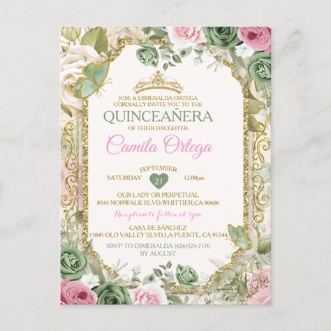 Create your own Postcard | Zazzle Sage Green And Pink Invitation, Quinces Invitation, Pink And Sage Green Quinceanera, Green And Pink Quinceanera, Quince Extras, Pink And Green Quinceanera, Tiana Quince, Lilac Quince, Sage Invitation