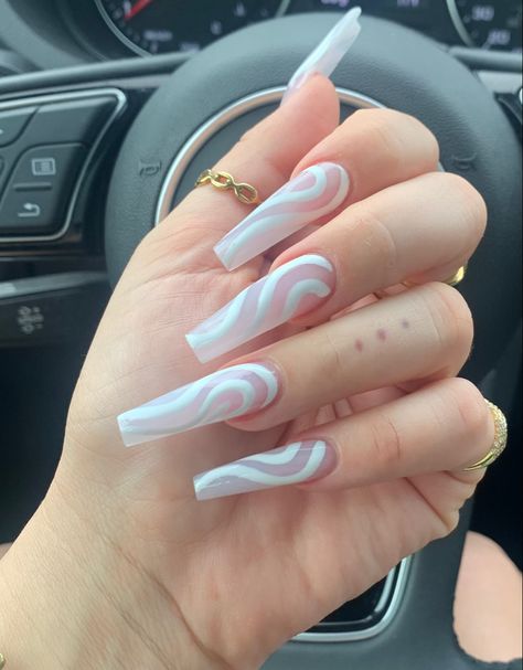 White Long Nails With Designs, White Nail Inspo Coffin, Coffin Swirl Nails, White Nail Designs Coffin, Swirl Nails Coffin, White Coffin Nail Designs, White Coffin Nails Design, White Coffin Nail Ideas, White Swirl Nails